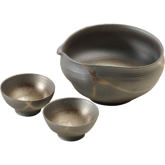 Shigaraki Ware Hechimon Tadashi Tomita's Utensil "Ginka Yugen" Black Gold Sake Utensil Set 3-9457