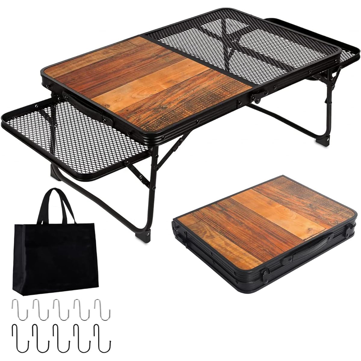 UPF Camping Table with Mesh Side Table Outdoor Table Wood Grain Lightweight Folding Table Compact Low Table Folding Mini Table Heat Resistant Bonfire Table BBQ Mountain Climbing Barbecue Table Mini Aluminum Table Field Hopper Camping Equipment Solo Table