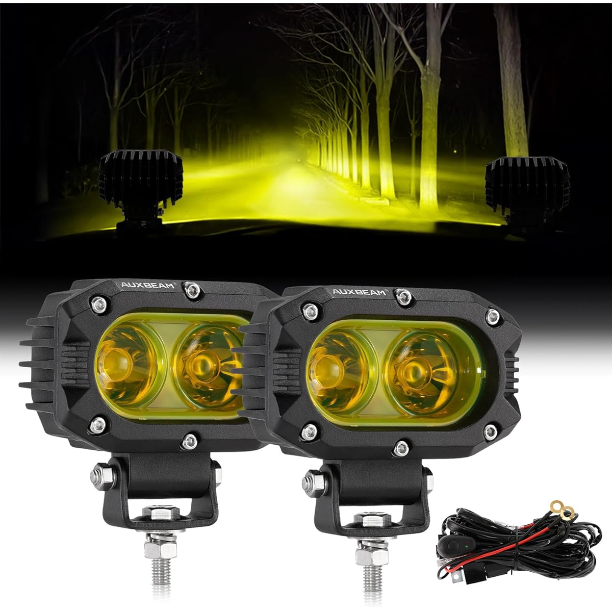 AUXBEAM LED Amber fog light 4 inch 60W LED driving off -road light ultra -high brightness amber light pod wiring harness kit Yellow fluem pod light truck SUV ATV UTV Jeep Langler For motorcycle