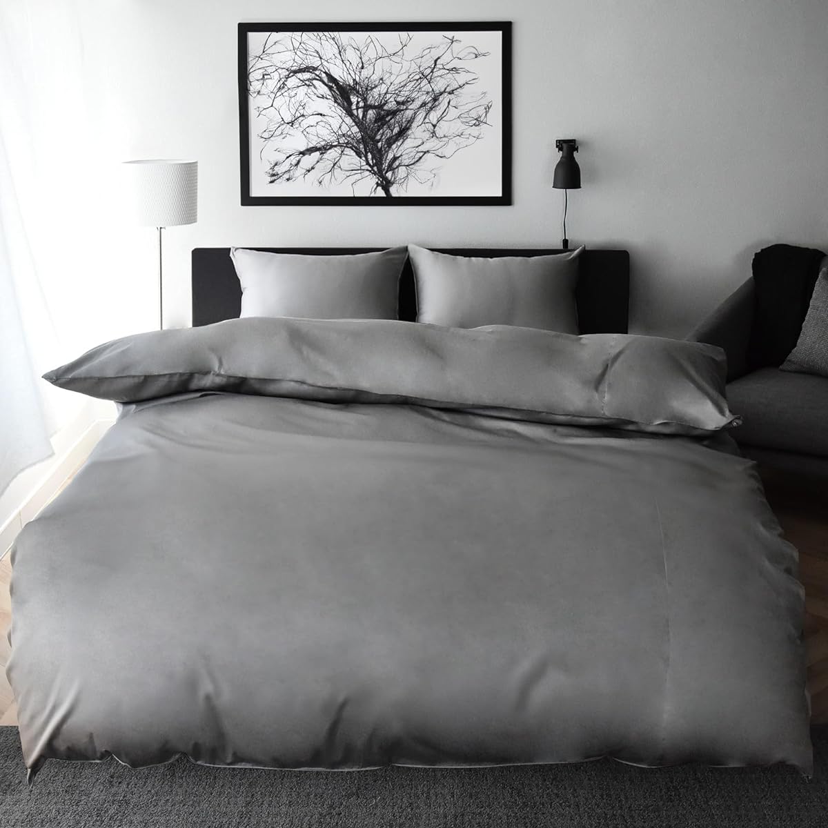 Duvet Cover, Double, Made in Japan, 100% Cotton, Dust Mite Resistant, 350 Pieces High Density Fabric, Satin, Scandinavian, Silk-like Texture, Hotel Specifications, Duvet Cover, Duvet Cover, Noble (Double, Moonstone Gray)