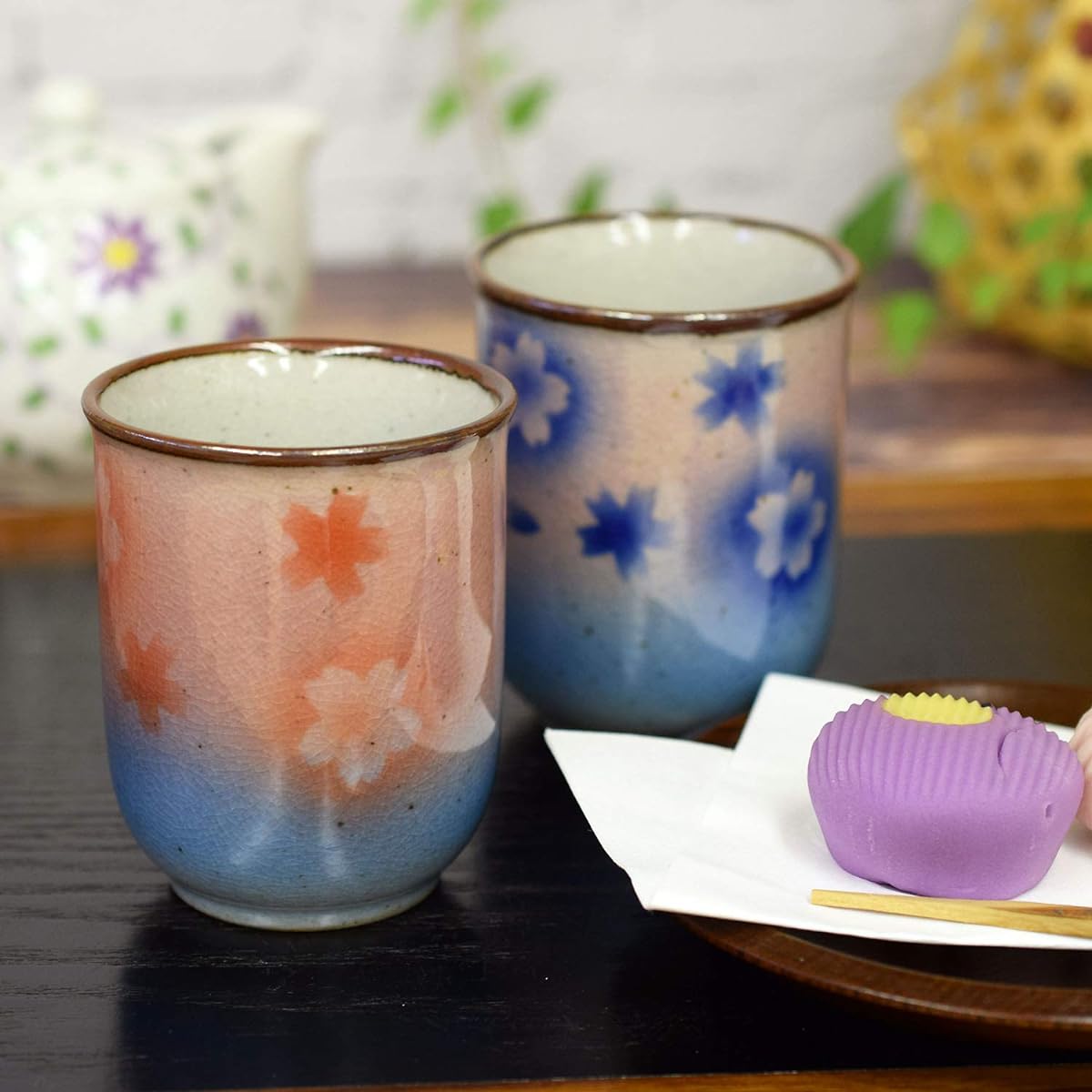 Teacup Pair Stylish Kutani Ware Couple Teacup Cherry Blossom Teacup Ceramic Brand Japanese Tableware Made in Japan