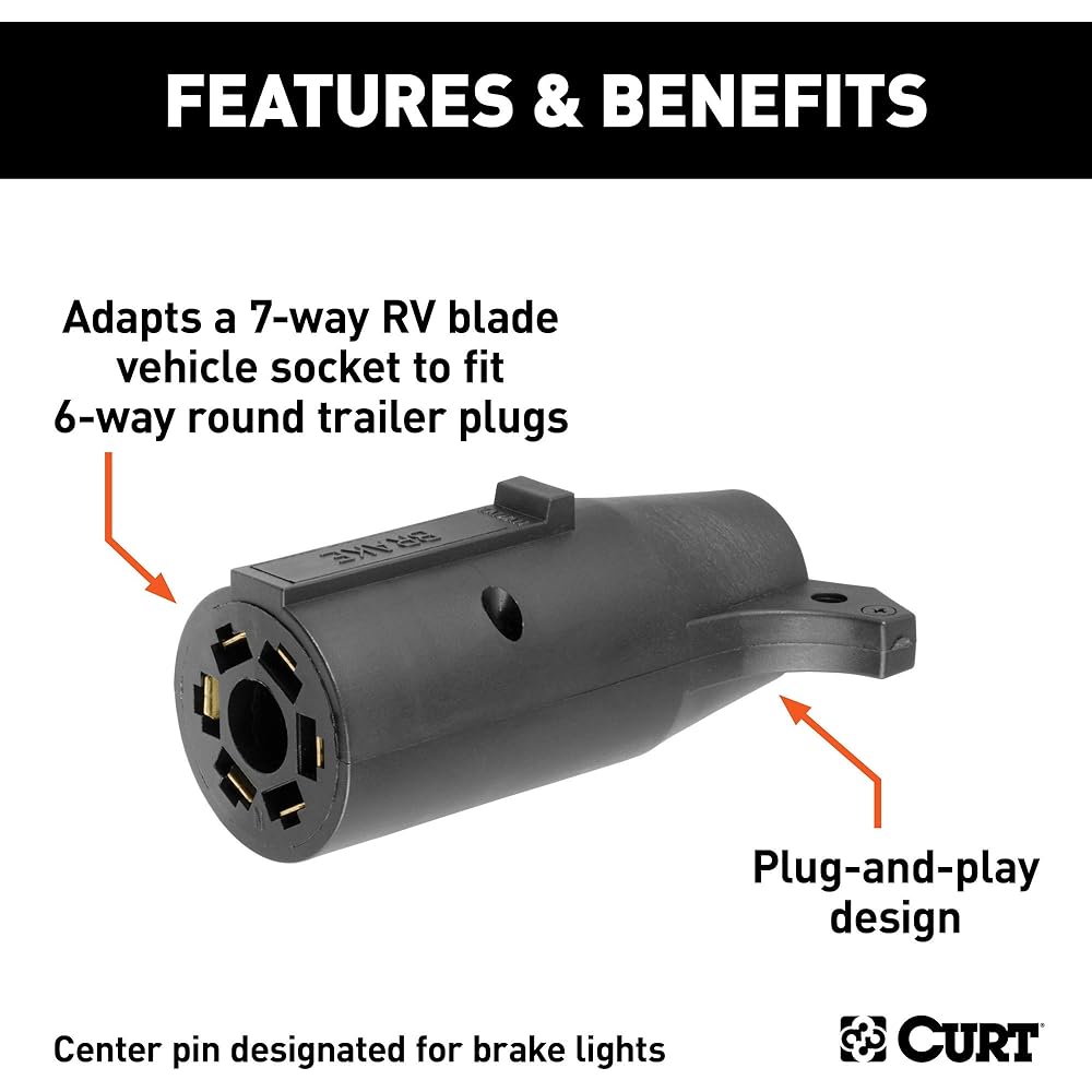 CURT 57661 7 Way RV Blade Vehicle 6 Way Round Trailer Wiring Adapter, Center Pin Blake Light