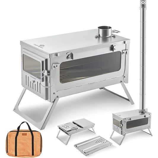 COOK'N'ESCAPE Wood Stove Titanium Folding Lightweight [2M Chimney Included] Wood Stove Fire Stand Compact Solo with Storage Bag 10 Piece Set Camping Equipment Silver [Eligible invoices will be issued]