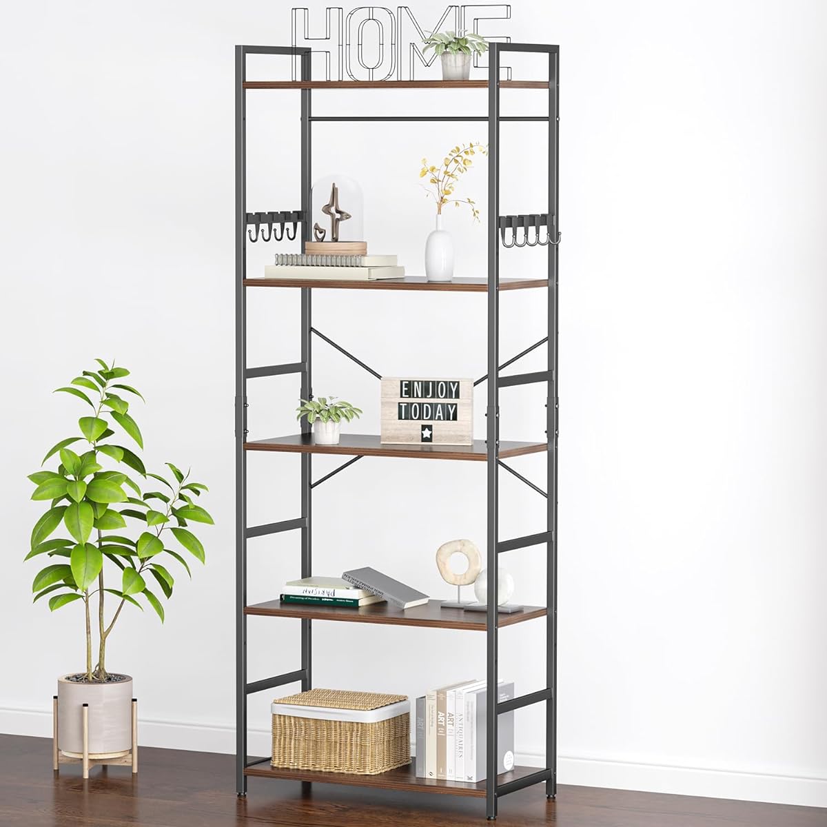 TTWO Open Shelf W60 x D30 x H158cm Wall Storage Wall Shelf Open Rack Storage Shelf Bookshelf Height Adjustment Living Room Kitchen Storage Cupboard Rack Anti-Tip Steel Rack Display Shelf Scandinavian West Coast Stylish Wood Shelf (Brown, 5 Tiers)