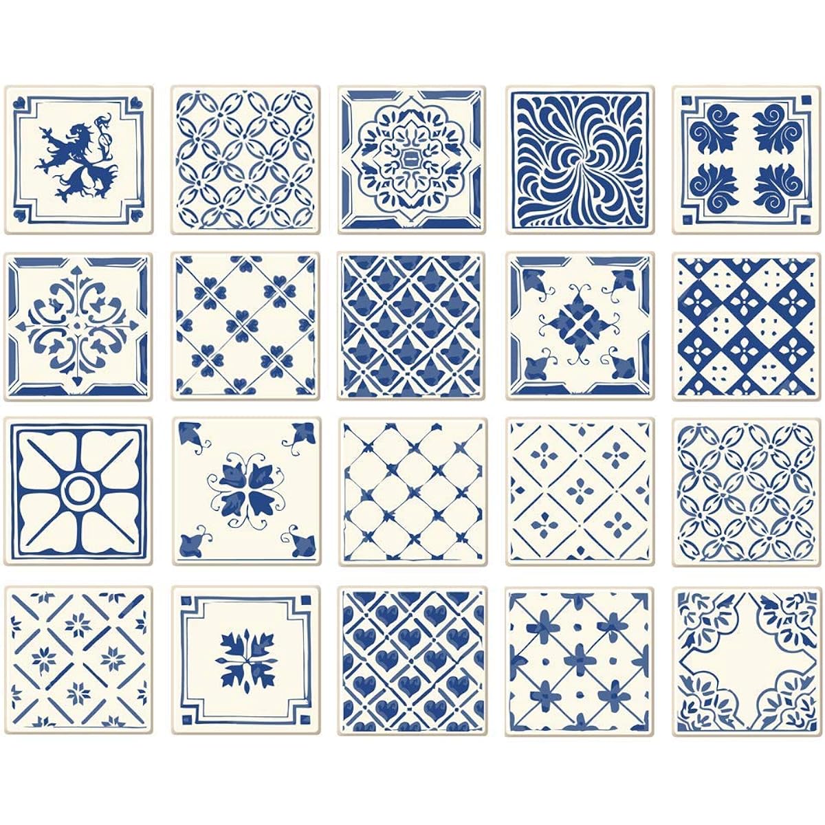Poromoro Portuguese Spanish Azulejo Tile Stickers Peel and Stick Kitchen & Bathroom Mosaic Tile Stickers Set of 20 (7.9x7.9, D) [Parallel Import]