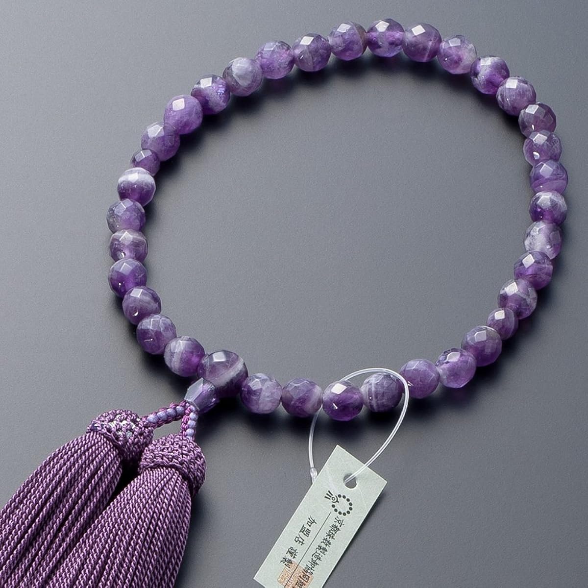 [Buddhist Altar Shop Takita Shoten] Kyoto Prayer Beads for Women, Quartz Amethyst, Faceted Cut, Pure Silk Headed Tassel, Bead Bag Included, Women's Prayer Beads that Can Be Used by All Sects, Certificate Included