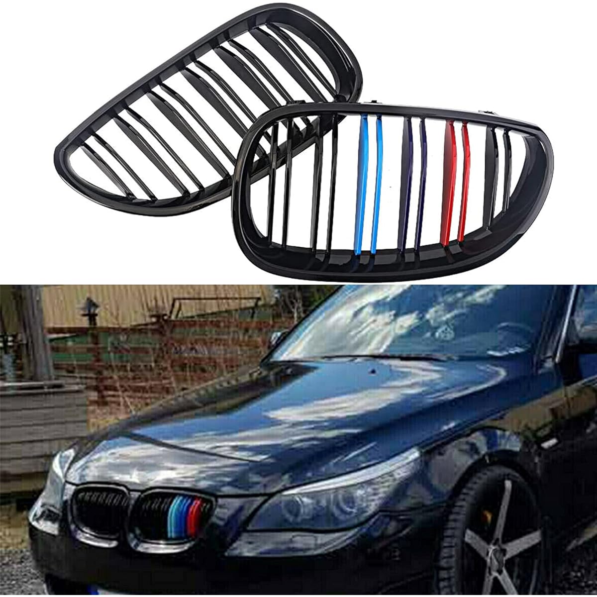 AOKAILI glossy M-TRI Color Kidney Grill ABS Grill 03-09 BMW E60/E61 5 Series compatible
