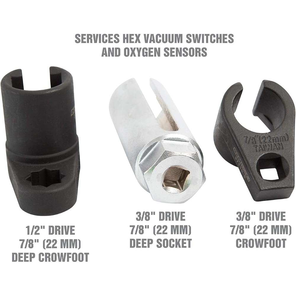 OEMTOOLS 37110 Oxygen sensor socket set 3 pieces O2 Surenten kit with kit case 22mm O2 sensor socket tool 3/8 drive and 1/2 drive sensor remover and installer oxygen sensor wrench