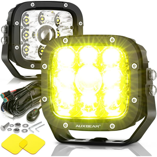 AUXBEAM 5 inch LED driving light amber cover 55W Super Spot Light Off Road LED Pod Cube Light Bar Amber Light Light Yellow Square Light Track Jeep Polaris GMC Ford Bumper