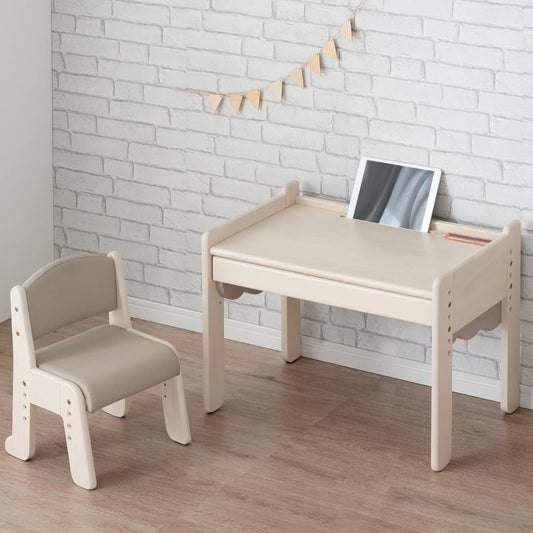 Tansu no Gen Kid's desk chair designed by a working mom, 2-piece set, 1 seater, height adjustment, 4 tiers, wooden, white wash x greige 49600907 (90175)