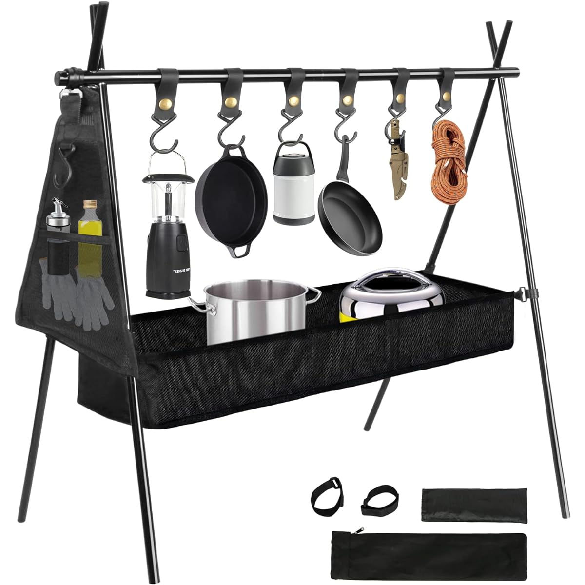 SENUN Hanging Rack Lantern Stand, 6 Leather Hooks, Tableware Storage Bag & Clothes Drying Net & Storage Bag Included [Japanese Instruction Manual Included] Lantern Hanger, Hanger Rack, Camping Hanger, Foldable, Hanging, Easy to Assemble, Convenient to Ca