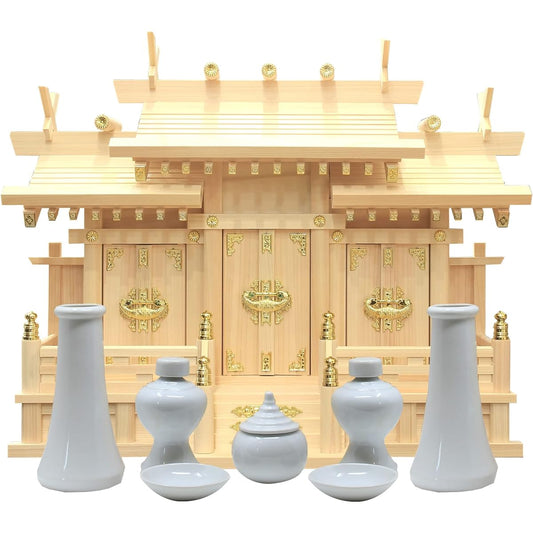 Matsuyama Shinto Buddhist Altar Shinto Altar, Three Shrines with Different Roofs, Small Shinto Altar Set, Cloud Seal Included, Made in Japan, Japanese Cypress, Cypress, Width 54cm, Height 44cm, Depth 23cm