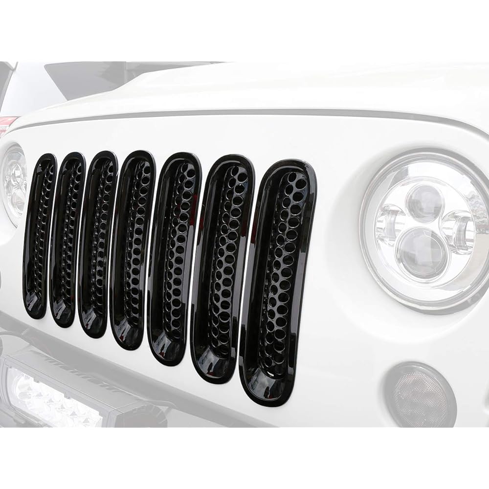 HOKE ROAD [Version Up] OPAR SHINY Black Front Mesh Grill Insert 2007-2015 Steel Headlight Cover Guard & Wrangler Annted (7 packs)