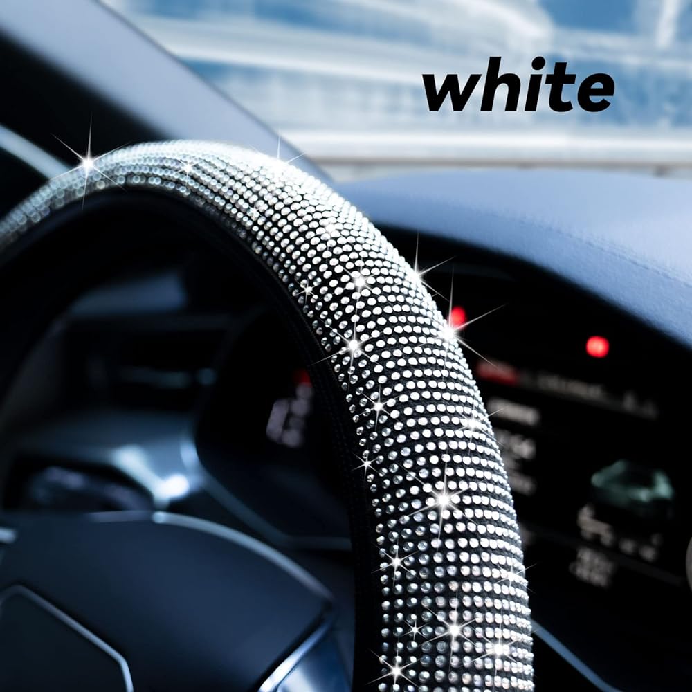 Limsas Glitter Line Stone Handle Cover Crystal Diamond With Ladies Sparkling Car Wheel Protector Universal Fit 14 ~ 15 inch White
