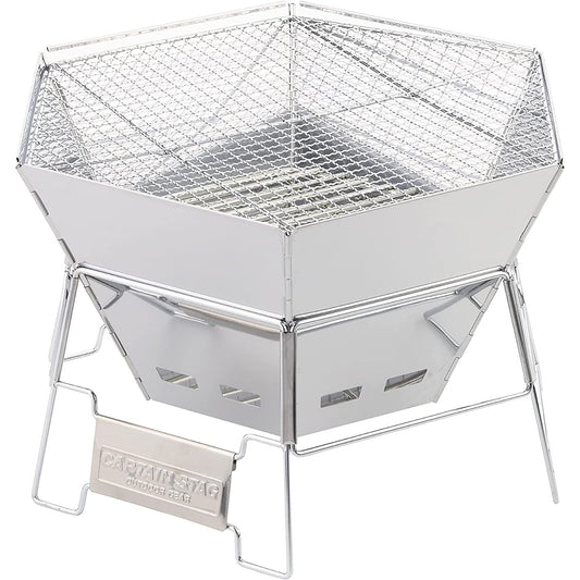 CAPTAIN STAG Bonfire Stand Barbecue Stove Grill 3-in-1 Hexa Stainless Steel Fire Grill L Size Stainless Steel Storage Bag Included UY-7019 Silver