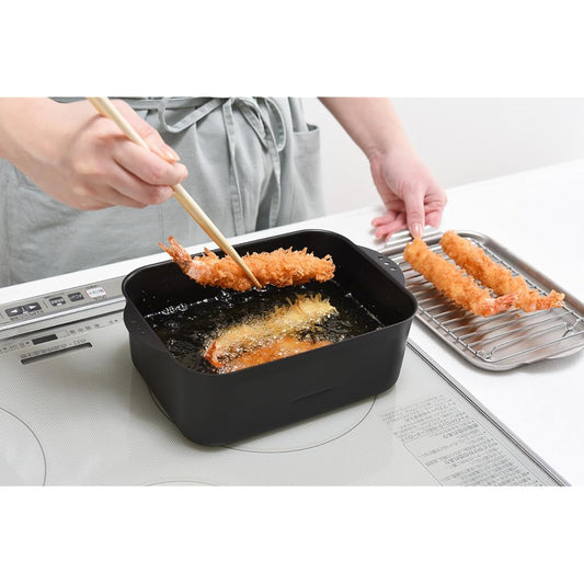 Tempura Pot, Made in Japan, Iron, Stainless Steel, Deep-Fried Pot, Square, Square Wide Type, Depth 16.5cm