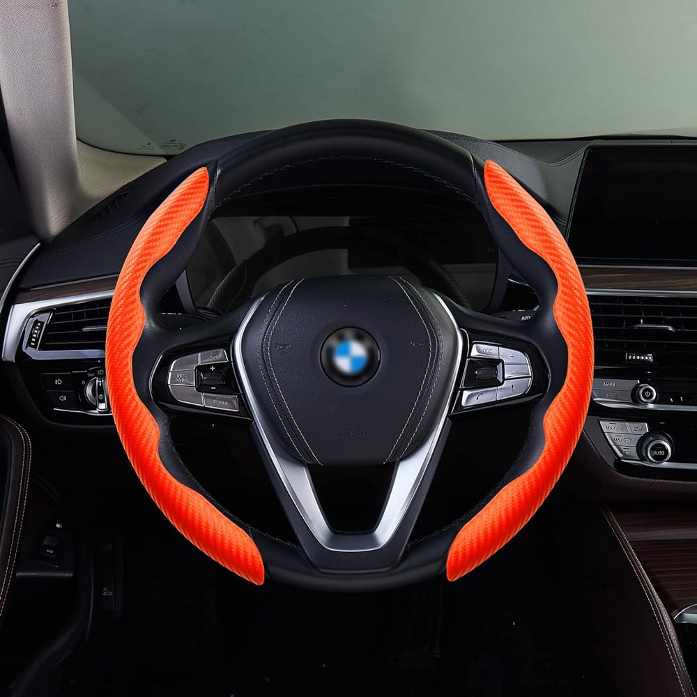 Handle Cover Carbon Fiber Leather Handle Grip Universal Fit 99% Car Wheel Protector (Orange)