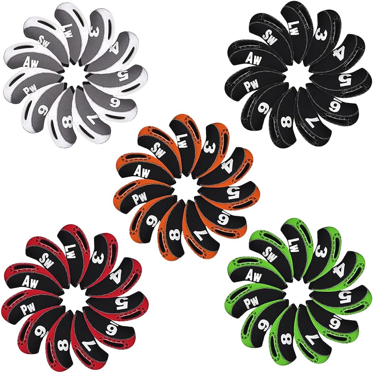 Golf iron cover, head cover, window type, number visible, 11 pieces (3-9, PW, AW, SW, LW), sold as a set, made of neoprene, 5 colors (orange & black/green & black/gray & white/red & black/black )