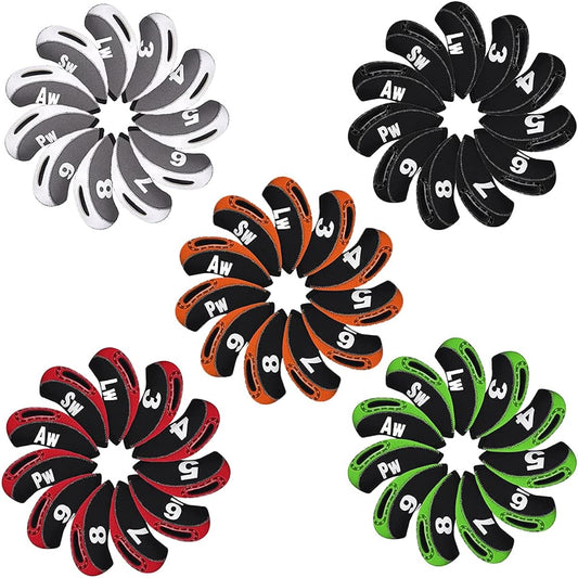 Golf iron cover, head cover, window type, number visible, 11 pieces (3-9, PW, AW, SW, LW), sold as a set, made of neoprene, 5 colors (orange & black/green & black/gray & white/red & black/black )