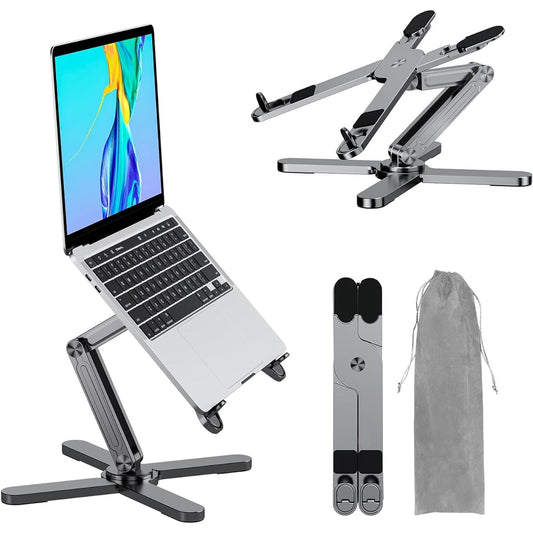 Laptop stand, PC stand, computer stand, foldable, 360° rotation, stepless angle/height adjustment, convenient to carry, ergonomics, stable, heat dissipation, improves posture, made of aluminum alloy, compatible with 17 inches or less (gray)