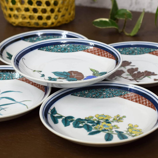 Plate Set, Stylish Tableware, Kutani Ware, Small Plates, Set of 5, Plants and Flowers, Pottery, Japanese Tableware, Serving Plate, Made in Japan