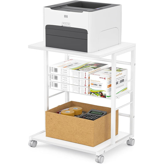 DEWEL Printer Stand, Printer Rack, Width 50cm, Depth 40cm, Height 63cm, Total Load Capacity 60kg, Comes with Casters, 3 Tiers of Desk Side Storage, Adjustable Shelf Height, Printer Cart, Printer Wagon, Printer Stand, Easy to Assemble, Wooden, Storage, Co