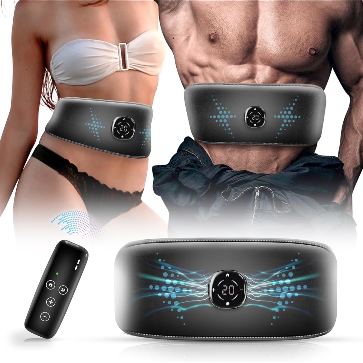 Abs Belt, 2024 All-New Edition, Powerful Models, EMS Abdominal Belt, No Gel Sheets Required, 20 Levels of Intensity, 10 Modes, 10 Different Modes, 10 Conductive Cloths, Dedicated Remote Control,