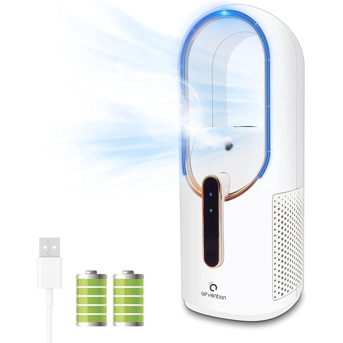 Airvention Ultrasonic Humidification Fan, Tabletop Fan, Bladeless Design, Small Water Cooling Fan, Wireless, Lightweight, Easy to Carry, Adjustable with 3 Speeds, Heatstroke Prevention, Dry