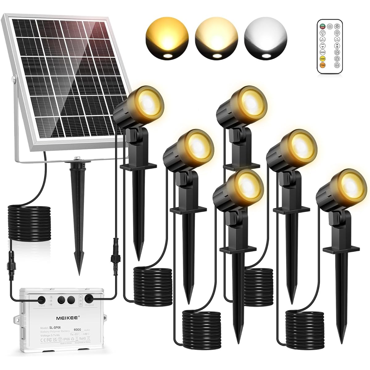 MEIKEE 6-Light Solar Garden Light with Remote Control, Stylish, Solar Charging, Separated Type, Garden Lighting/Dark Sensor, Automatic On/Off, 6,000 mAh, Large Capacity, 1,200 LM, IP66 Waterproof, 3