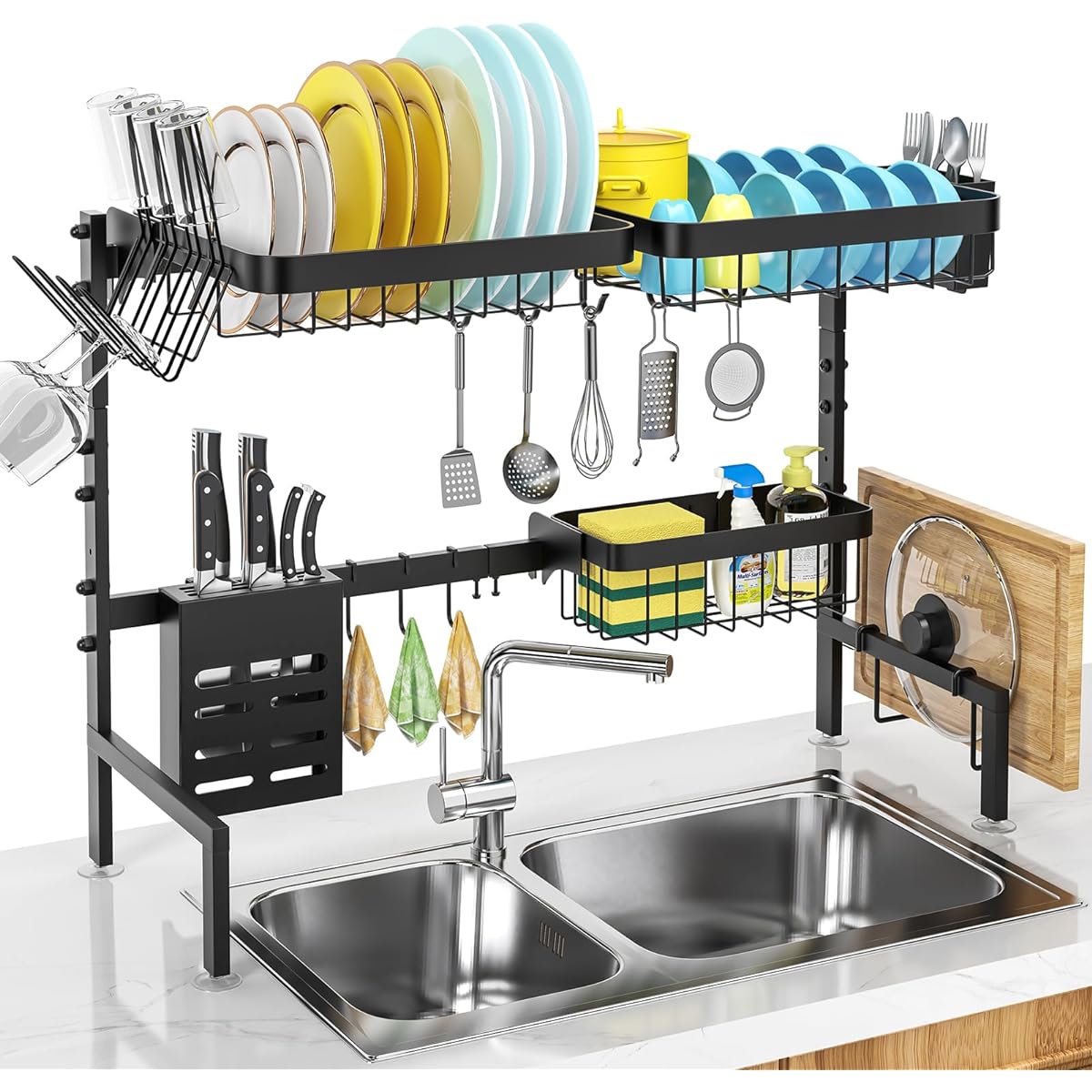 Above the Sink Drainer Rack, Dish Drainer Basket, Kitchenware Holder, Kitchen Storage Shelf, Large Capacity, Non-Slip, Space Saving, Stainless Steel, Adjustable (Width 63-84CM)