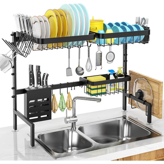 Above the Sink Drainer Rack, Dish Drainer Basket, Kitchenware Holder, Kitchen Storage Shelf, Large Capacity, Non-Slip, Space Saving, Stainless Steel, Adjustable (Width 63-84CM)