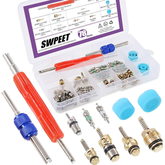 SWPEET 78 pieces R12 R134A Valuvcore repair kit assortment R12 R134A Air conditioning valve core cooling tire Valval core balburburbur limbber tool Most cars for cars