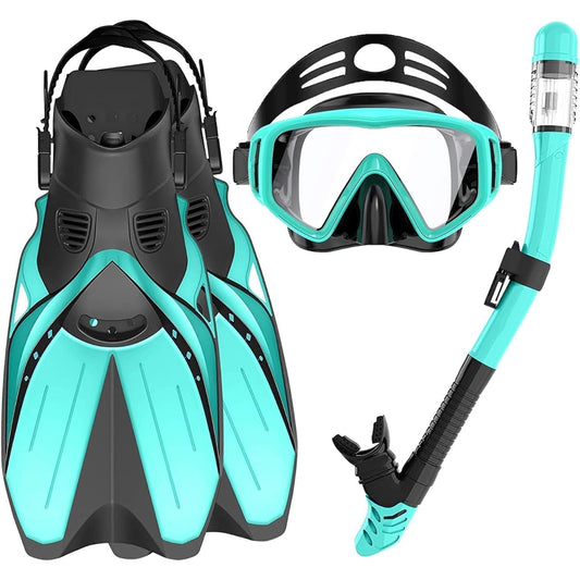 Snorkel set for adults, dry snorkel, tempered glass, underwater mask, snorkeling fins, easy to put on and take off, unisex, for beginners, storage bag included