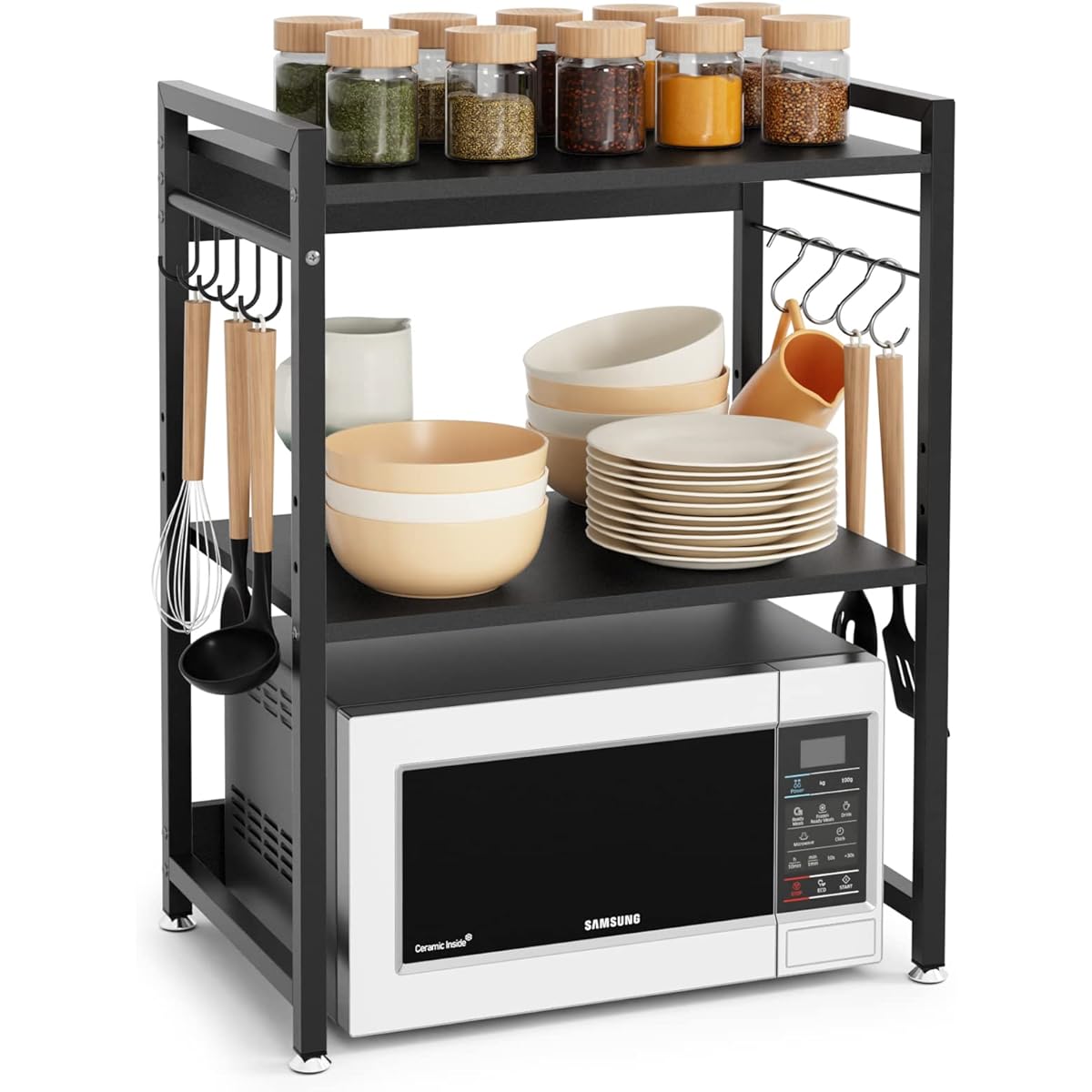 DEWEL Range Rack, Microwave Stand, Range Top Rack, Kitchen Rack, Adjustable Middle Shelf Height, Includes Hook, Width 53cm, Dish Shelf, Toaster Rack, Rack with Adjuster, Kitchen Storage, Space Saving, Black