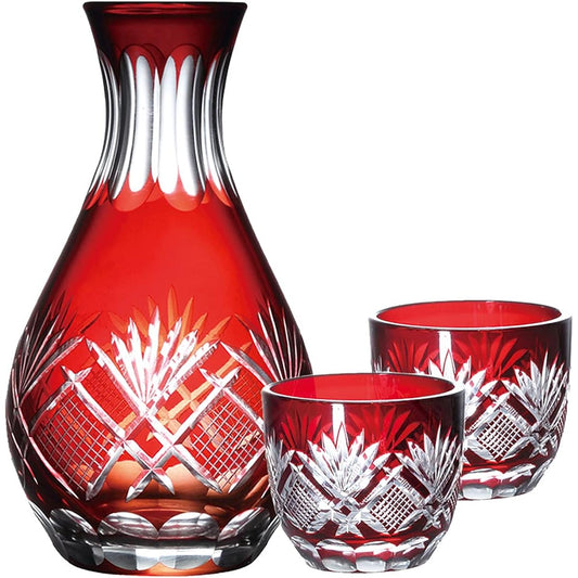[QD-464R] Kiriko Tokkuri Choko Set Red Sake Respect for the Aged Day Father's Day Mother's Day Set Gift Present Alcohol Tokkuri Glass Gift Box