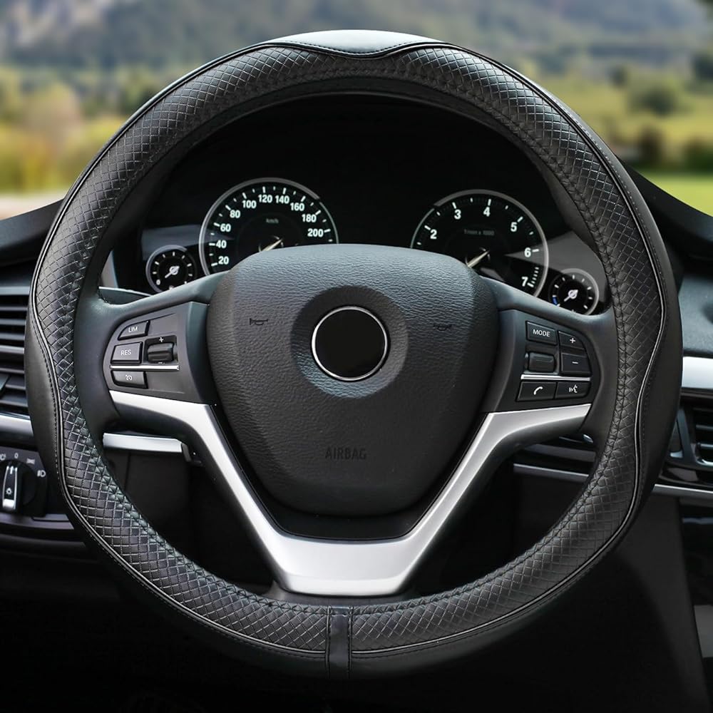 rueesh Car Steering Wheel Cover Genuine Leather Sporty Curve, Durable, Thick, Anti-Slip, 15 in. Medium Size
