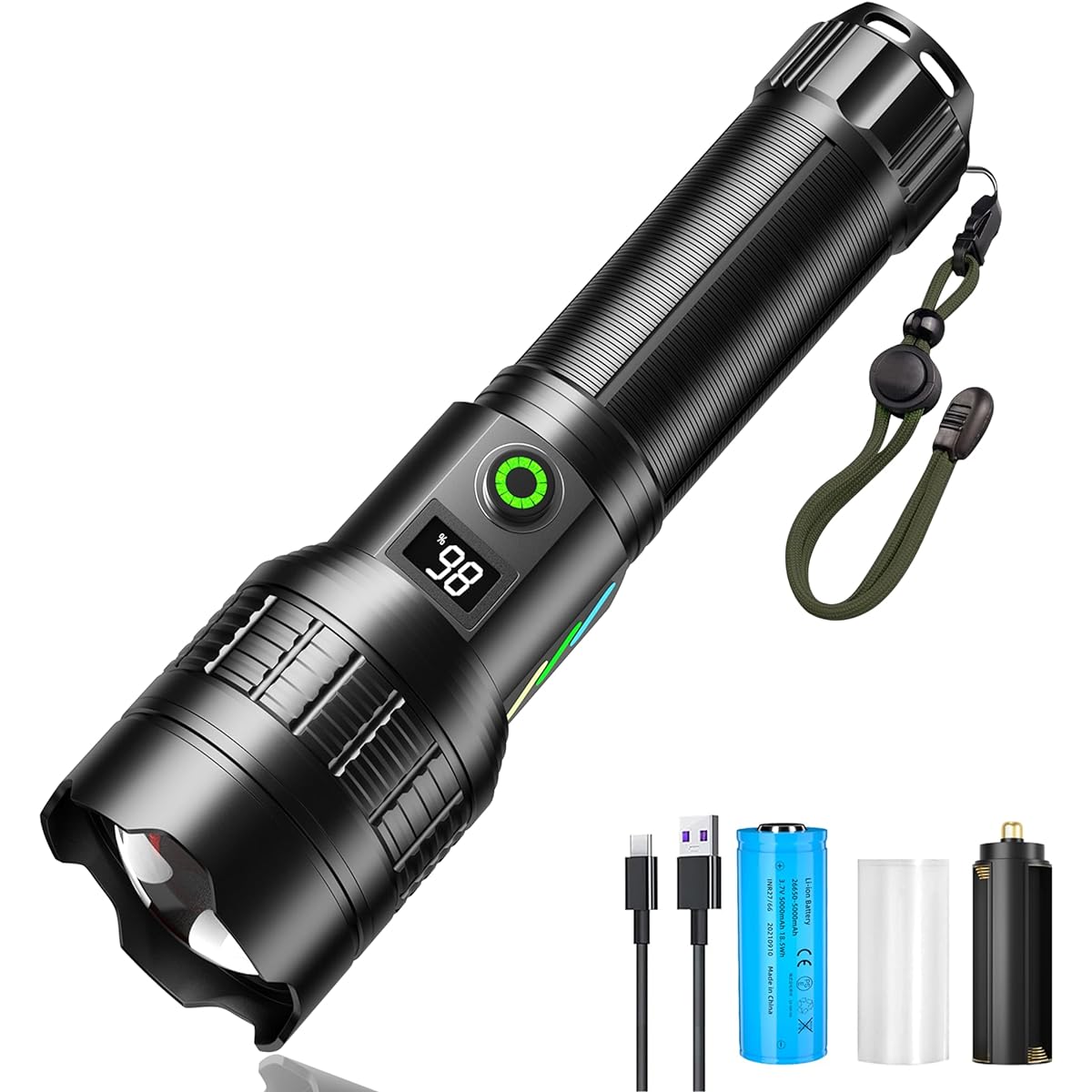 Aicdas 2024 Flashlight, LED, Powerful, Military, Disaster Prevention, Earthquake, Practical Lighting Up to 35 Hours, USB Rechargeable, Mobile Function, Handy Light, 26650 (Included) / 18650 / AAA