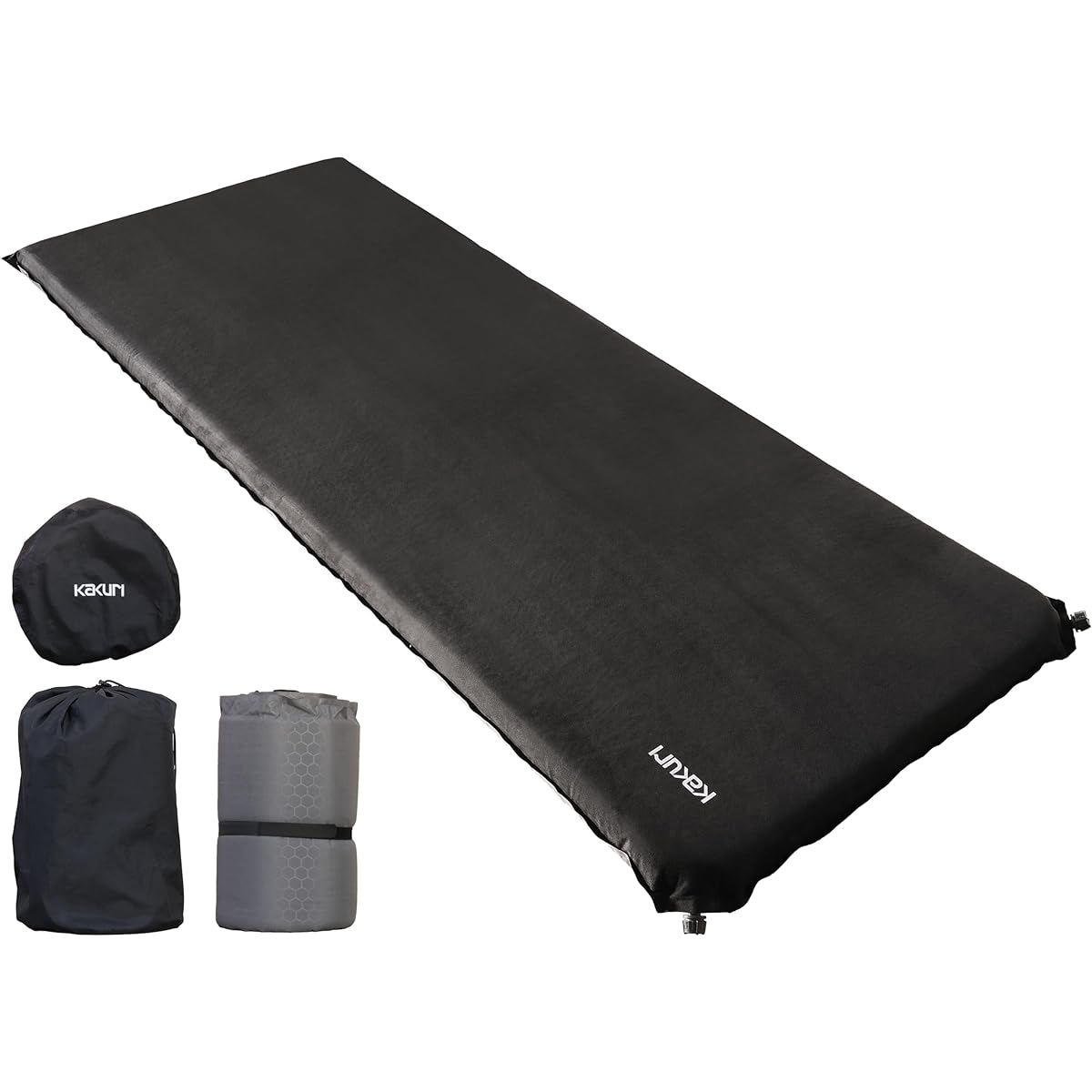 KAKURI Inflator Mat, 7cm Thick, Outdoor Mat, Reversible, Gray/Black, Automatic Inflation, Storage Bag Included