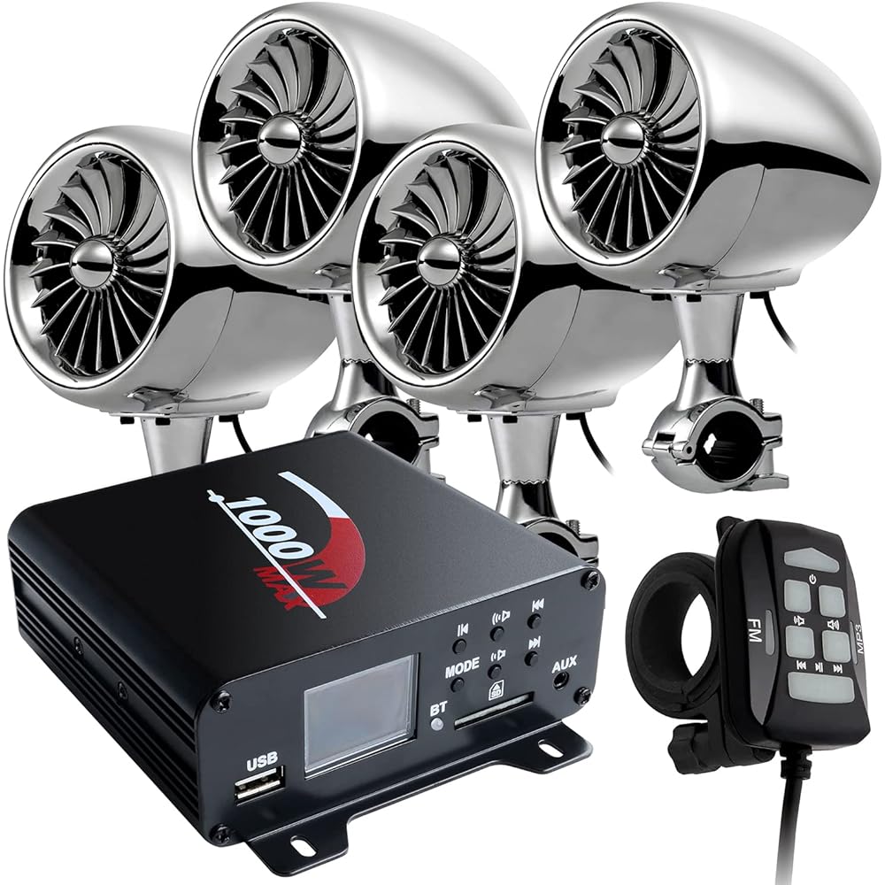 Motorcycle Explosive Audio 4 Inch Waterproof Plated Speaker 4ch Max 1000W Compact 4 Channel Amplifier iPhone iPod MP3 Android Smartphone Harley Majesty 125 PCS Address v125 v125g Forza Fusion Magzam Skywave PCX125 Moped Dio Jog Big Scooter