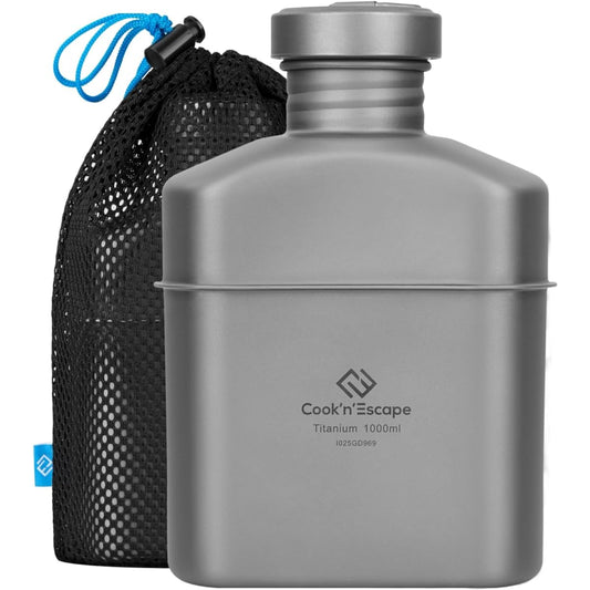 COOK'N'ESCAPE Titanium Canteen, 1 liter, lightweight, open fire, large capacity, wide opening, combination with rice bowl, kettle, hot water bottle, mountain climbing, camping, storage bag included [Eligible invoices will be issued]