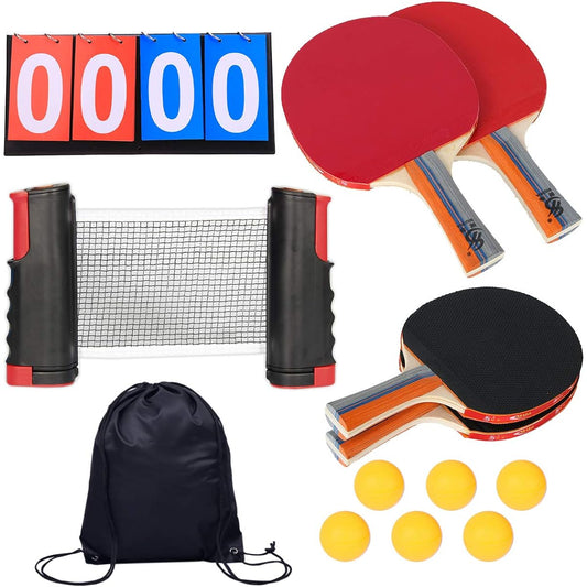 nullie Table Tennis Set, Table Tennis Ping Pong with Telescopic Net, 4 Rackets, Doubles, 13 Piece Set