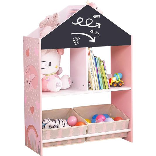 Toffy & Friends Children's Shelf, Children's Storage Box, Bookcase, Picture Bookshelf, Storage Rack, Storage Case, Children's Furniture, Wooden, Large Capacity, For Kids, Width 65 x Depth 26.5 x Height 90cm (Pink)