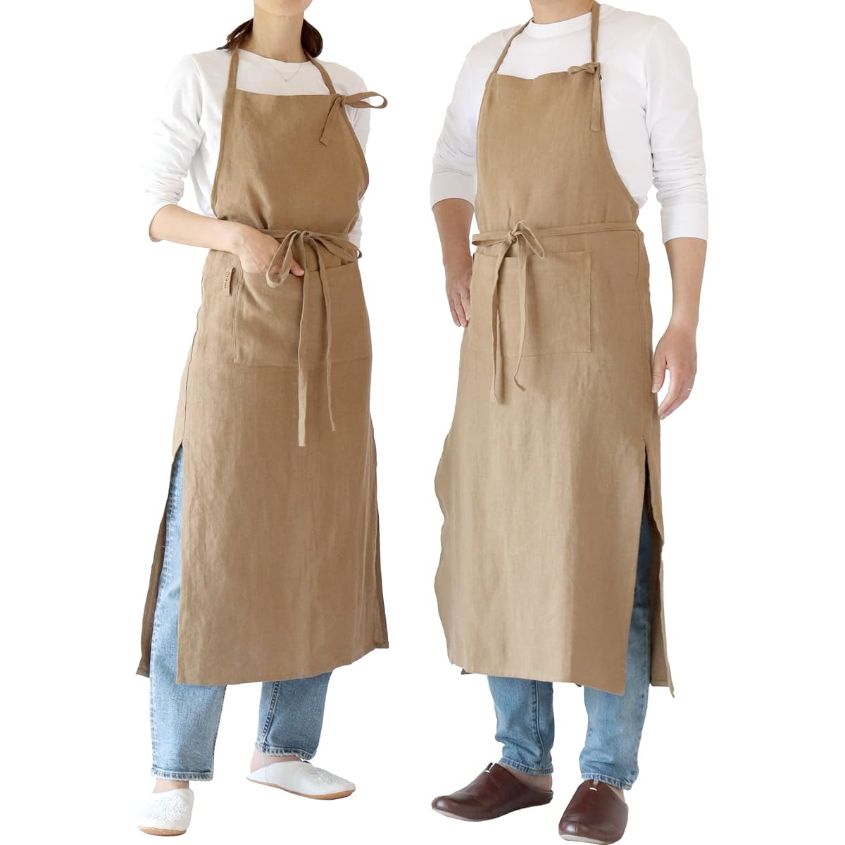 [Family storage] Apron made of 100% French linen, made with carefully selected materials, long, stylish, covers the buttocks, natural material, cafe style, with pockets, around the neck, simple, plain, stylish, no iron, for salons, cooking classes, hemp,