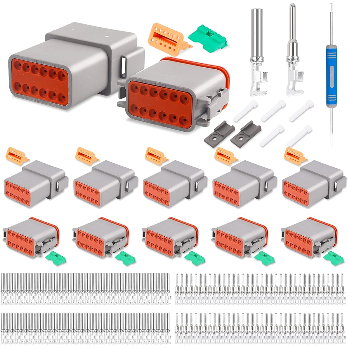 JRREADY ST6327-12 DEUTSCH 12 Pin DT connector kit gray waterproof DT connector 12 pins (5 sets) Size 16 with stamps For contact track truck motorcycle off-road marine extra sports