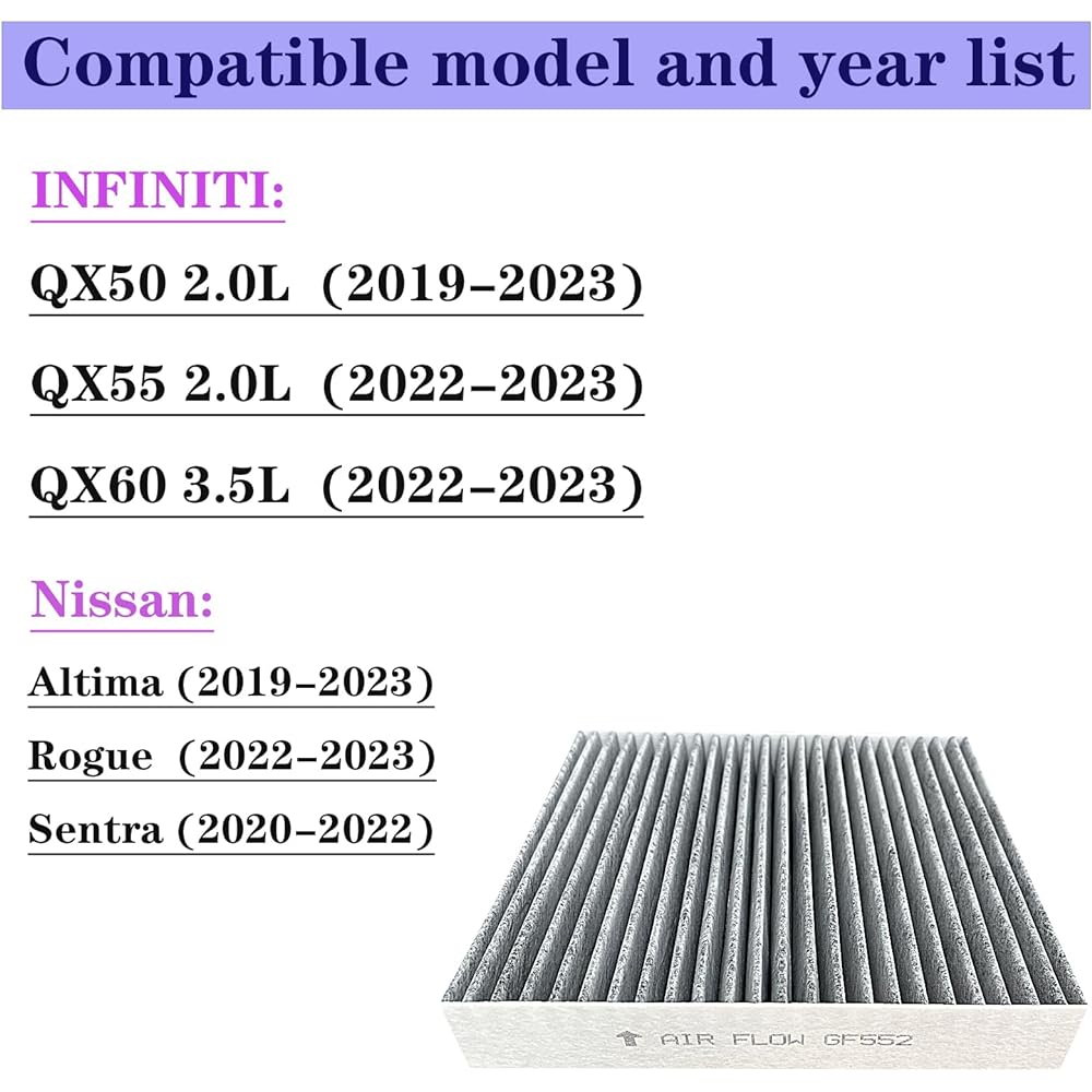 GF552 Premium Cabin Air Filter QX50 (2019-2023) QX55 (2022-23) QX60 (2022-23) Altima (2019-2023) CF12552 27277-5NA1A 27277- Replacement 6 CA0A, upgrade