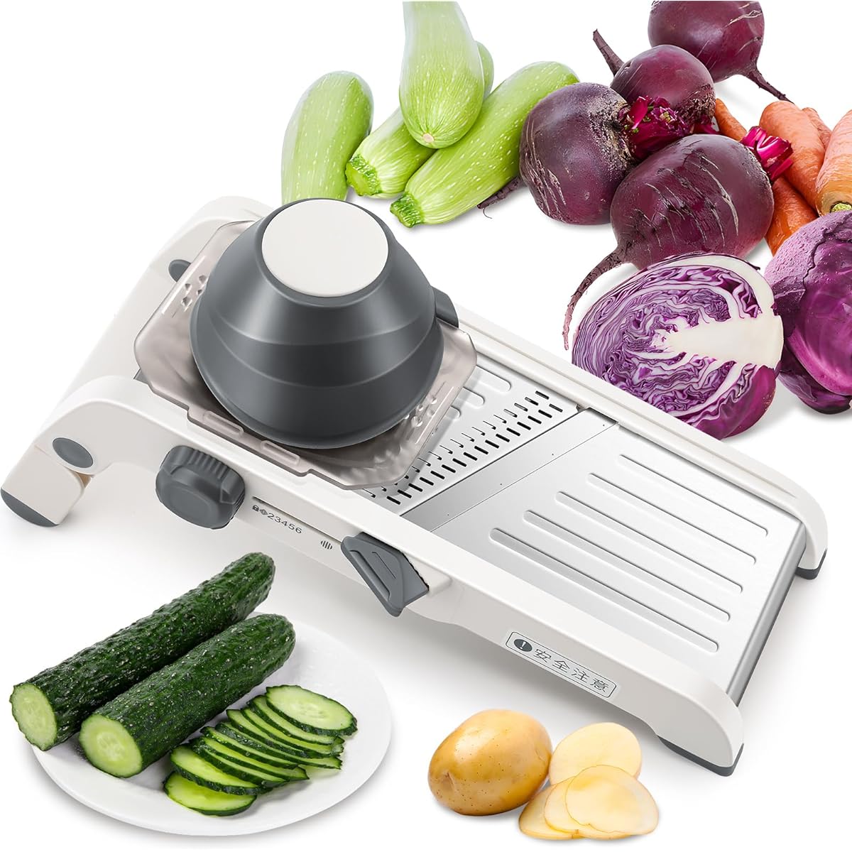 Hanchen Slicer, Vegetable Cutter, 3/6mm julienne thickness selectable, 1-6mm slice thickness adjustable, 4 types of flower-shaped cuts, vegetable holder included, foldable, easy to operate, for home/commercial use, Japanese manual included