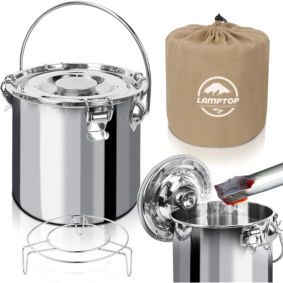 LAMPTOP Fire Extinguishing Pot, Stainless Steel with Storage Bag, Water & Acid Fire Extinguishing, Reusable Eco Charcoal Extinguishing Jar, Compact, Charcoal Storage, Camping, Bonfire, BBQ, Japanese Instruction Manual Included