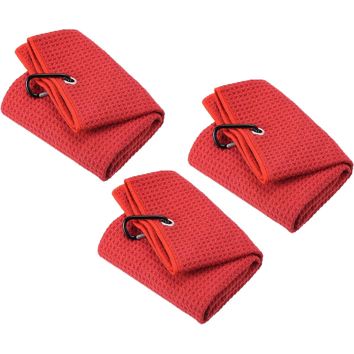 PATIKIL 40 x 40 cm Tri-Fold Golf Towel 3 Pieces Waffle Pattern Towel Soft Fiber Strong Water Absorption with D Clip for Golf Enthusiasts Red