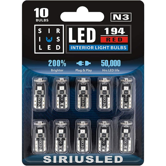 SIRIUSLED -N3 - Red 194 LED Bulbs Super Bright 3030 Chipset Car Truck Interior Dome Map Door Courtesy Marker License Plate Light Compact Wedge T10 168 2825 Pack of 10