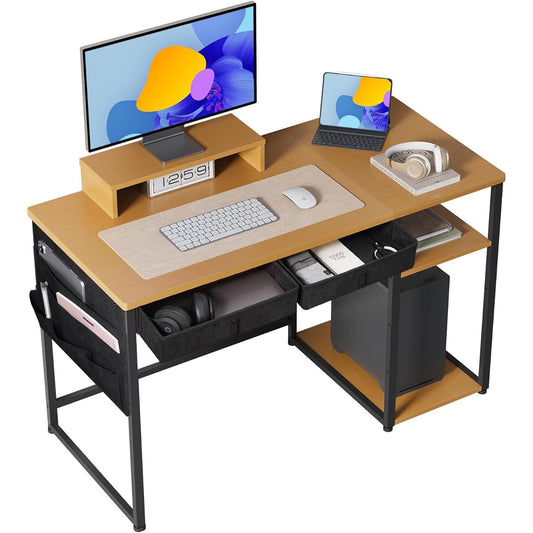 Maihail Computer Desk, Computer Desk, Study Desk, Gaming Desk, Electric Box, Study Desk, Box, Office Desk, Comes with 2 Drawers, 3 Level Monitor Stand, Shelf Width 120cm x Depth 55cm, Study Desk, Remote Desk, Storage, Natural